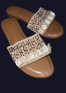 Handcrafted beaded shell tan slides Dilli Haa