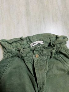 Zara Olive Green Ruffle Waist Denim Pants