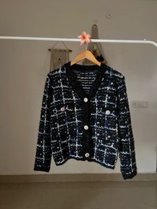 BLUE TWEED PLAID  BUTTONED DOWN CARDIGAN