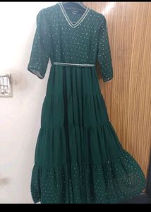 INDYA GREEN POLKA FOIL TIERED MAXI TUNIC