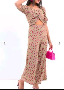 Beige Jumpsuit With Pink Polka Dots