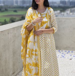 Mustard Pure Cotton Floral And Polka Dress