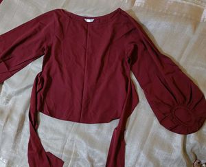 Chic Maroon front wrap top with balloon sleeves