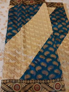 Beige And Blue Designer Saree With Blouse