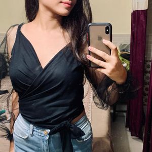 Sheer Sleeve Black Top