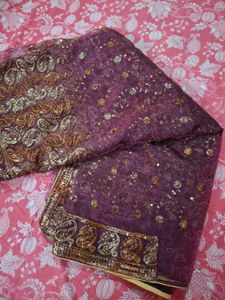 Stunning Purple Saree with Gold Embroidery &amp; Sequi