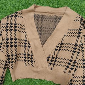 Houndstooth Wrap Cropped Sweater