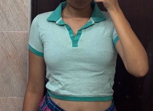Mint Self-Patterned Polo Cropped Tshirt