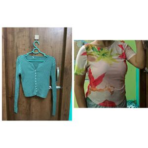 Cute Green Cardigan & Floral Top