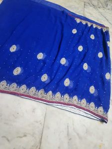 pink velvet border blue Dimond stone work saree