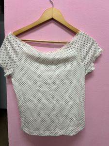 white polka dot off shoulder top