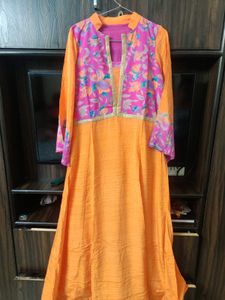 Orange & Floral Anarkali Dress