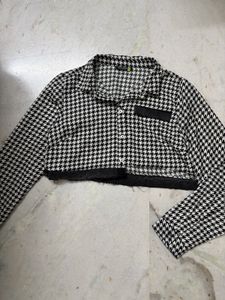 Houndstooth Cropped Jacket with denim detailing