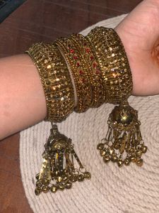 Traditional Gold-Tone Bridal Bangles with Jhumka c