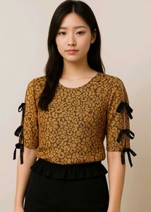 Elegant Lace Tie-Sleeve Top – Golden Beige