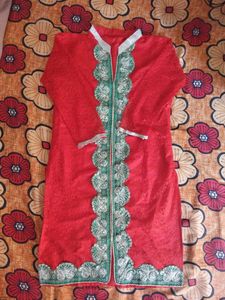 Red, Green, Golden Embroidery Kurti
