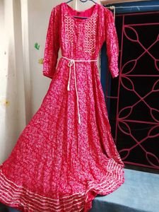 Red Printed Mirror-Work Dress