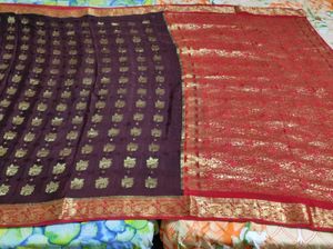 Brown And Red Crepe Silk Saree