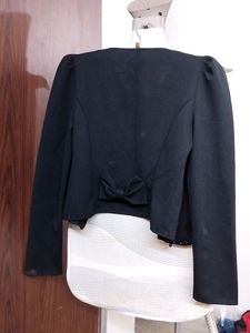 Black Crop Jacket With Embellished Neck Open Front