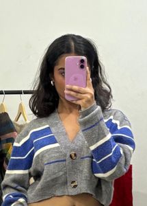Blue And Grey Short Oversized Cardigan