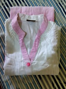 Pink &amp; White Embroidered Kurti Set