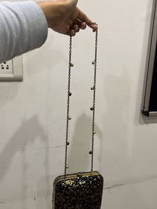 Black Golden Sequin Hard Clutch With Bead Chain