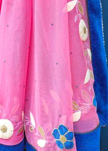 Pink Net Saree with Floral Embroidery