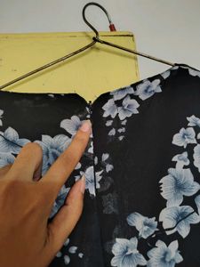 Floral Print Black Dress With Belt