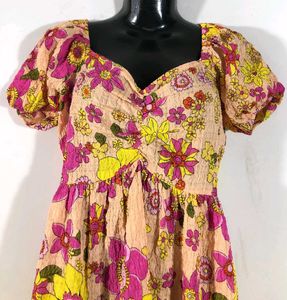 A Line Multicolour Dress With Puff Sleeves