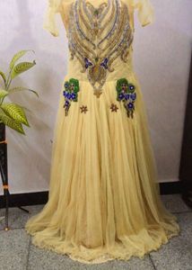 Elegant Gold Embroidered Net Evening Gown