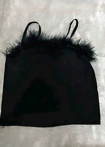 Black Fur Crop Spaghetti Top