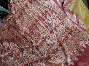GentlyUsed MustardTusserSilk Saree withFloralBlous