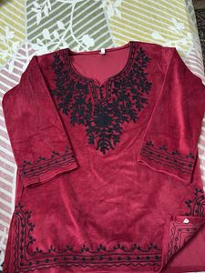 Embroidered Maroon Velvet Kurti