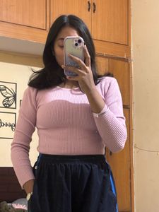 Pink Ribbed Long Sleeve Body Hugging Top