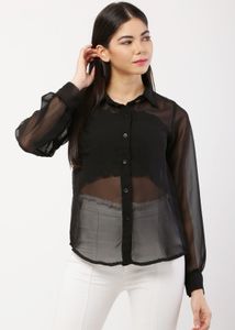 Black Sheer Button-Down Blouse