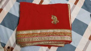 Breathtaking Red Saree+Beautiful Adjustable Blouse