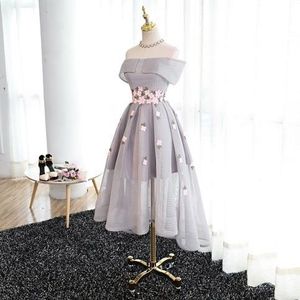 A-Line Off-Shoulder High-Low Gray Organza Prom Dre