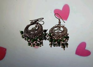 Elegant Oxidized Hoop Earrings with Green Beads