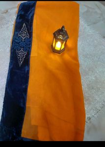 Orange Saree 🥻 And Navy Blue Blouse