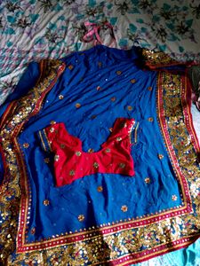Blue & Red Embroidered Sari with Blouse