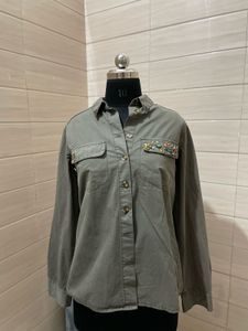 Oversized Embroidered Olive Shirt