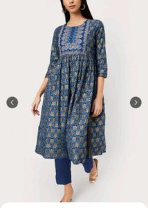 Blue Embroidery Kurti Pant Set With Free Shippin