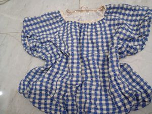 Cute Blue &amp; White Gingham Puff Sleeve Top♡
