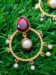 Brass Earrings With Red Stone And Beads
