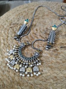Silver Replica Long Pendant Set With Green Stones