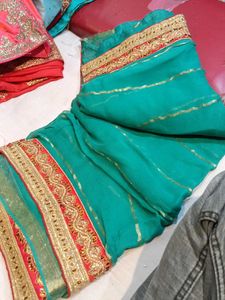 Teal &amp; Gold Embroidered Saree