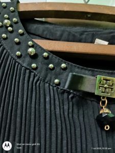 plaid black top with beads &amp; stones design neck