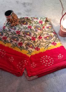 Madhubani Art Beautiful Red Border Saree
