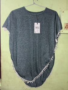 Gray Pom-Pom Trim Cape Top