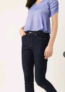 Stylish Blue Ruched Sleeve Top
